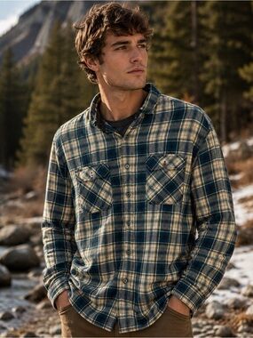 KUHL Creme Turquoise Blue Plaid Button Up Flannel Shirt L Preppy Hiking Winter